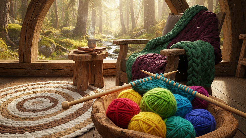 Eye-level view of cozy knitting nook with yarn and needles ready for a new project
