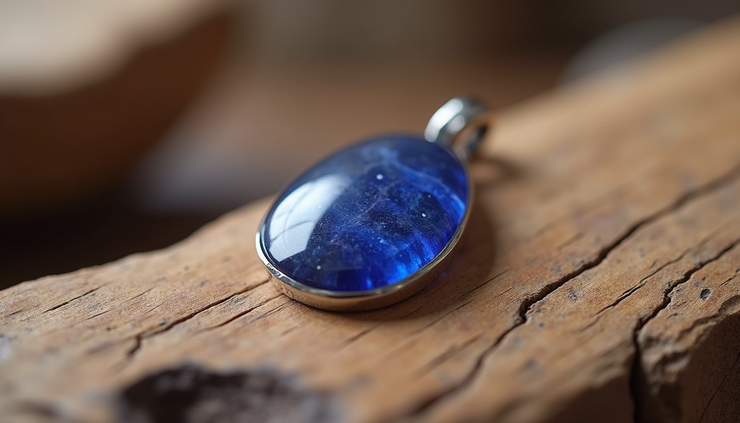 Eye-level view of a polished iolite pendant resting on a wooden surface