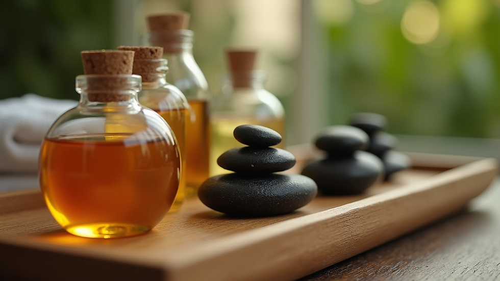 Close-up view of massage oils and stones arranged neatly on a wooden tray