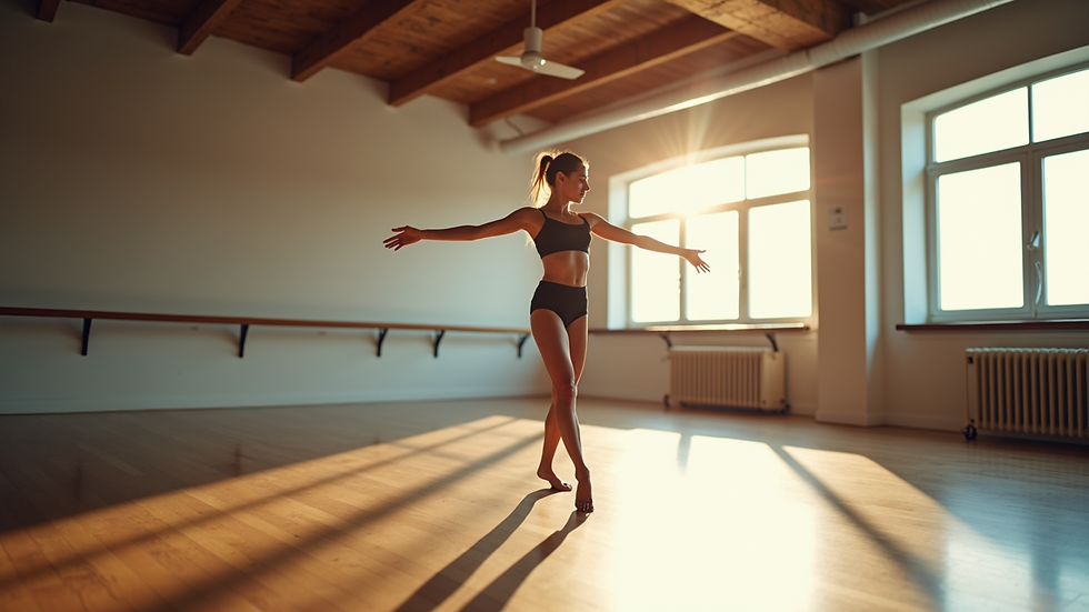 High angle view of a dance studio with a single dancer practicing