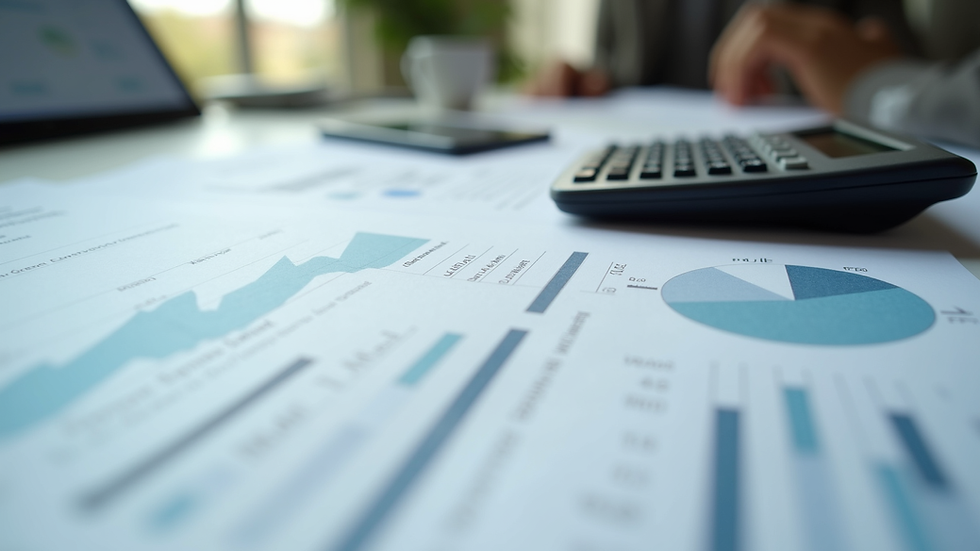 Close-up view of financial documents and calculator on a desk