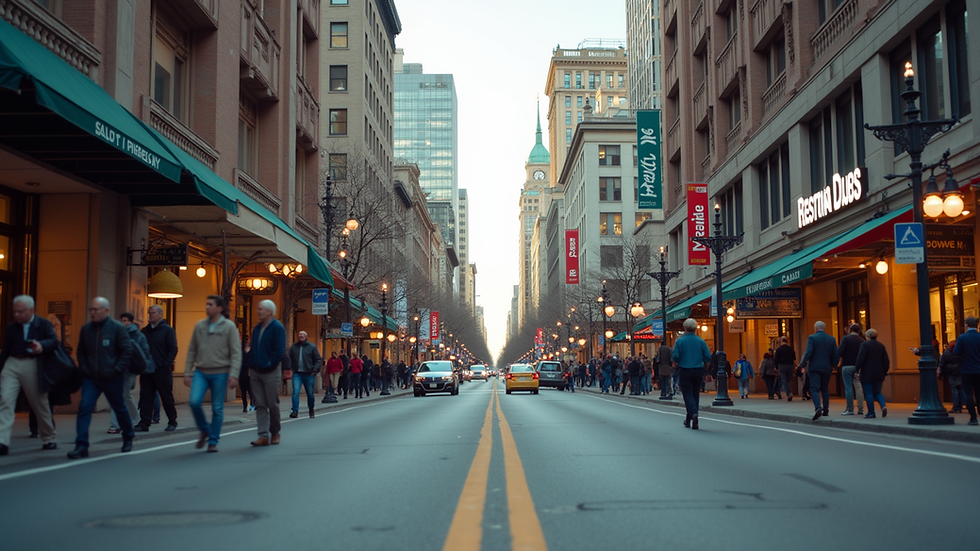 Eye-level view of a bustling downtown street in Salt Lake City with shops and pedestrians