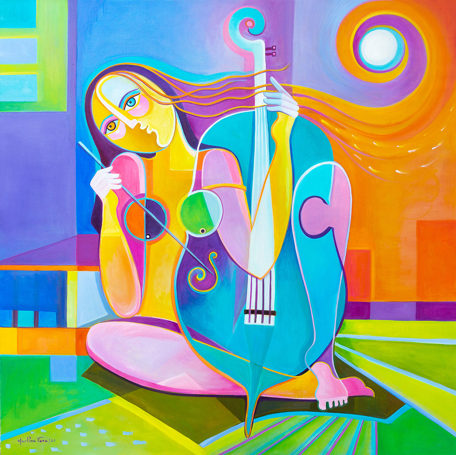 Woman With Cello At Sunset