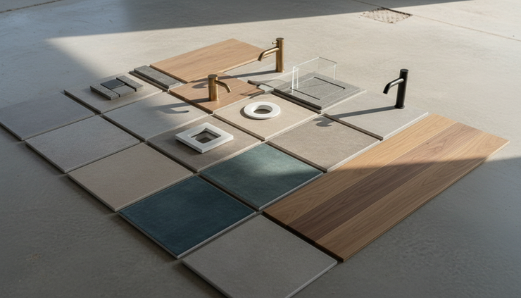 Close-up view of flooring samples and bathroom fittings on a concrete slab.