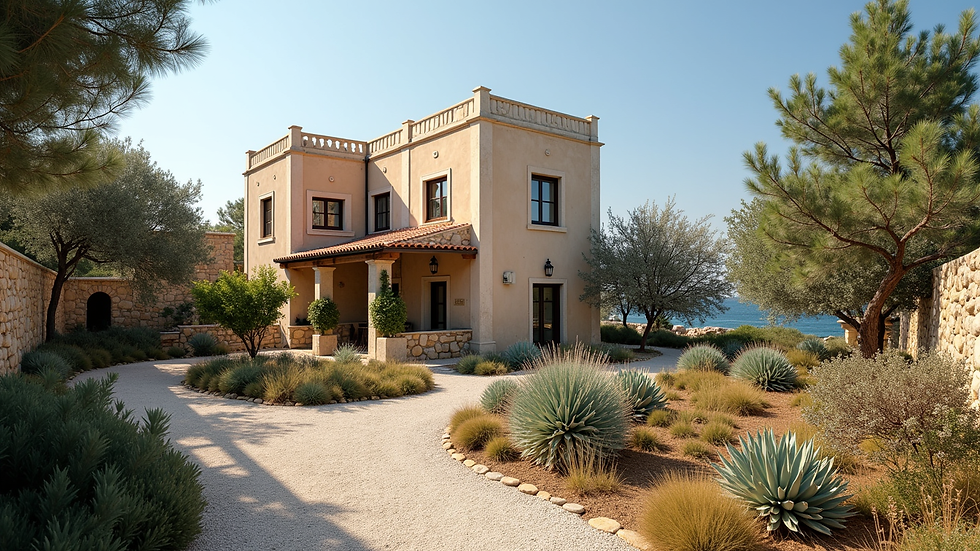 Wide angle view of a traditional Gozo villa surrounded by native plants and a stone wall