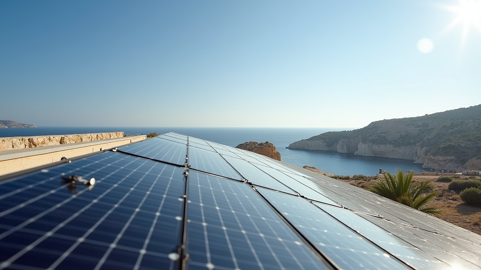 Eye-level view of a solar panel array on a villa roof in Gozo
