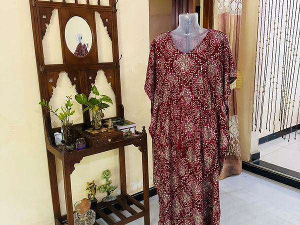 Maroon Printed Kaftan Dress