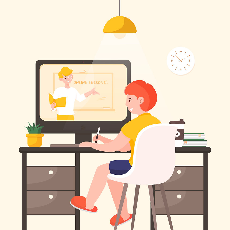 student in yellow shirt taking notes during an online lesson displayed on a computer. Bright room with a clock, lamp, plant, and books.