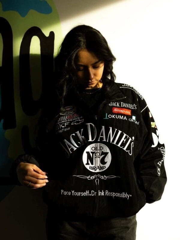 Thumbnail: Side view of premium Embroidery Jack Daniels Jacket featuring bold white stitching – Paper Castle