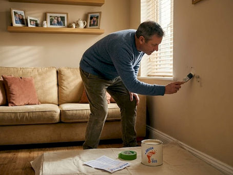 Homeowner touching up wall paint in living room