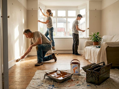 Family working together painting living room