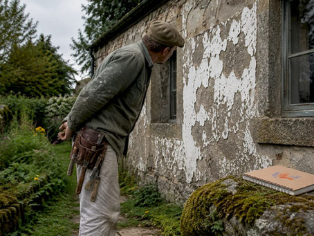 Painter inspecting peeling paint on house exterior