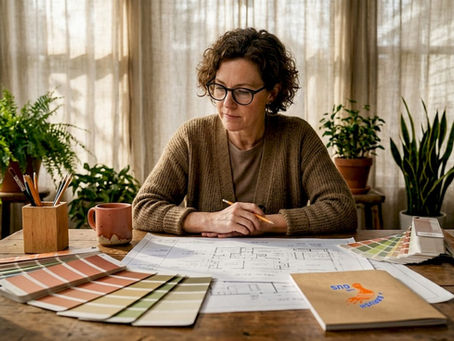 Woman reviewing painting project plans at desk