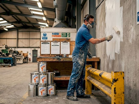 Painter applying primer with safety gear