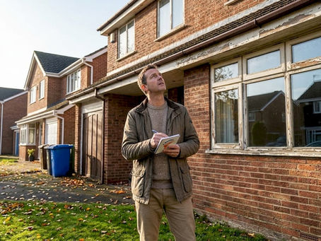 Homeowner inspecting house exterior paint condition