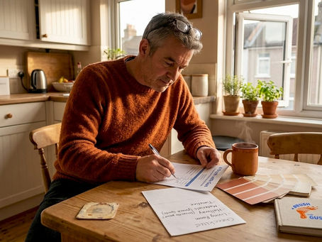 Homeowner reviewing painting quote at kitchen table