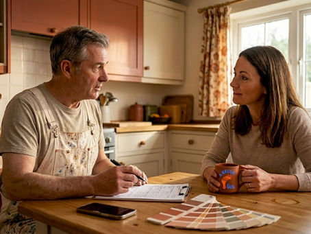 Painter reviews paperwork with homeowner in kitchen