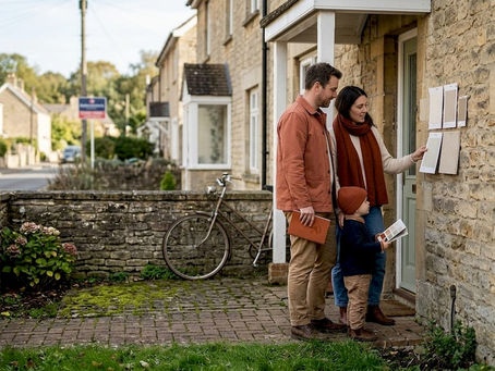 Family choosing exterior finish in front garden
