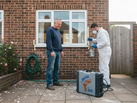 Homeowner observes exterior spraying preparation