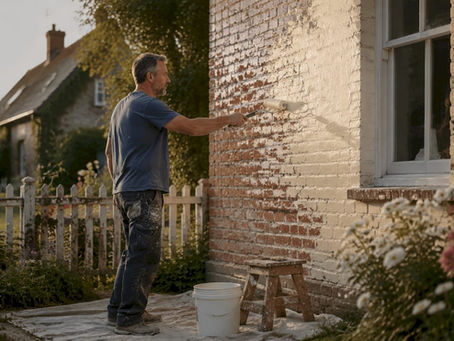 Man painting brick wall with masonry paint