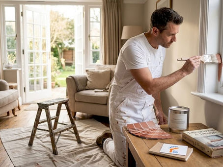 Painter working on home living room window frame