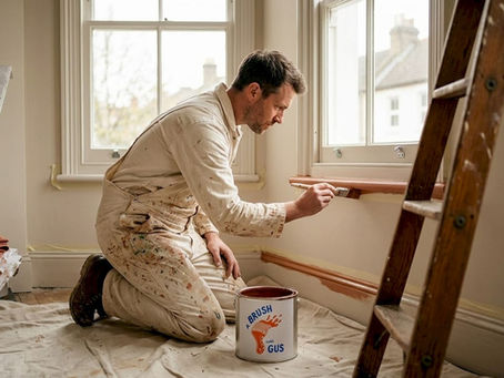 Painter touching up trim in living room