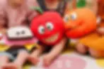 apple puppet, orange puppet, and sandwich puppet