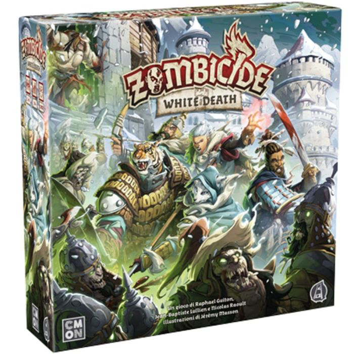 Scatola del gioco da tavolo ZOMBICIDE - WHITE DEATH, personaggi fantasy combattono zombi.