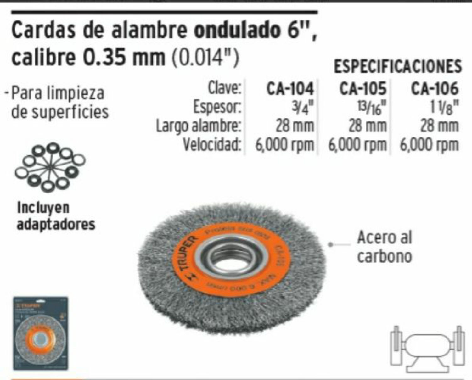 CARDA DE ALAMBRE ONDULADO 6", CAL. 0.35 ESPESOR 3/4 LRG 34mm VELOCIDAD 6,000