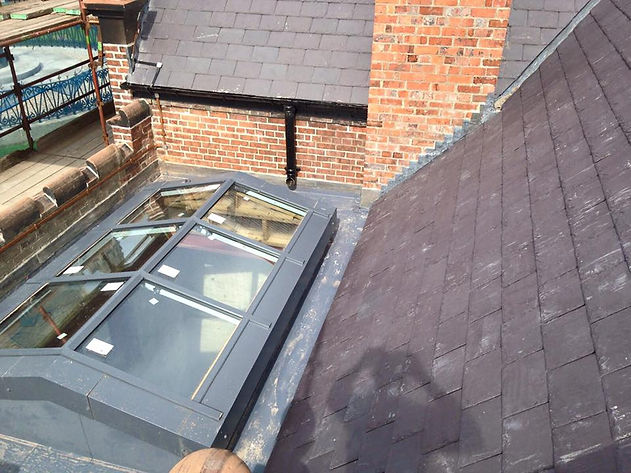 A tiled roof with a skylight.