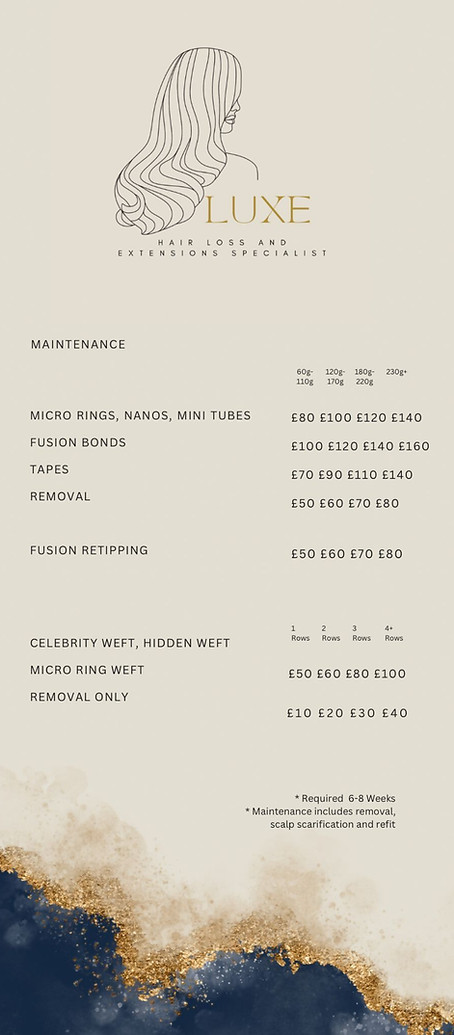 A price list for the different services from Luxe by Louise.
