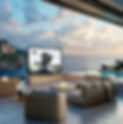 An outdoor seating area with a pool and outdoor television.