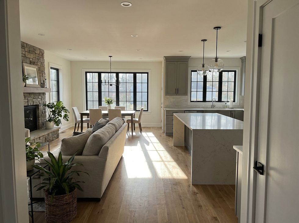 The interior of a kitchen and living space with a large kitchen island, sofa, and table.