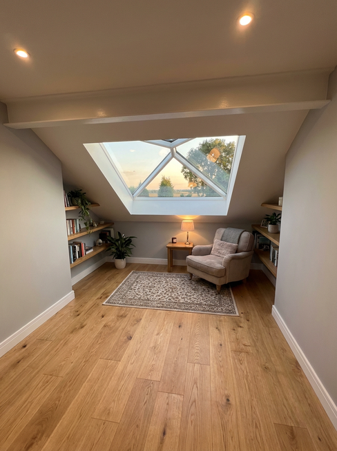 The interior of a loft conversion, featuring shelving for books, a lamp, an armchair, and a window.