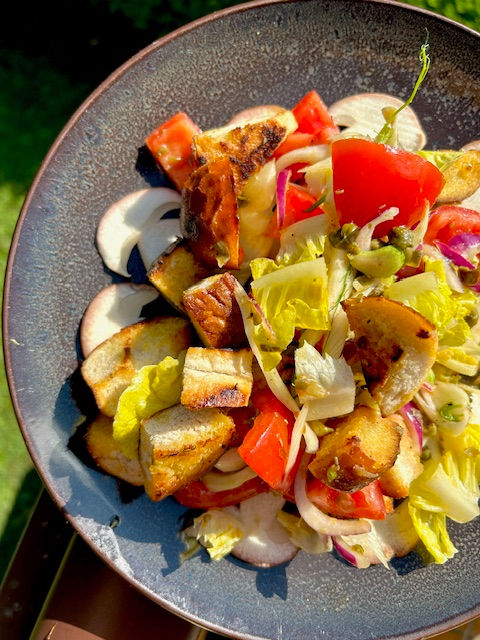 Vegane Vorspeise: Steinpilz Carpaccio mit Brot-Tomaten-Salat, frischem Romana-Salat, Fenchel, roten Zwiebeln und gerösteten Laugenbrötchen
