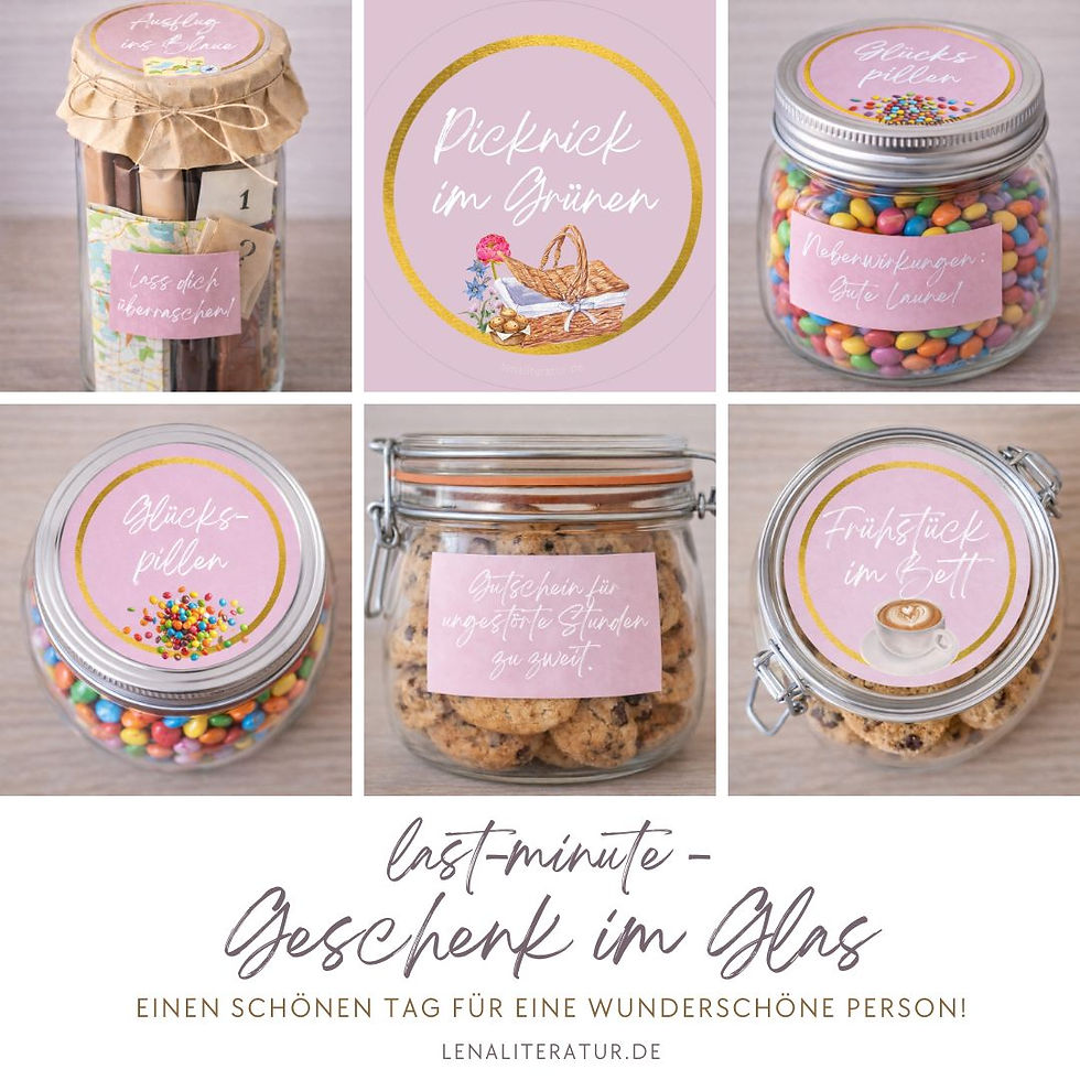 Collage der Printable-Datei „Geschenk im Glas-Etiketten (A4)“ mit vier runden Deckel-Etiketten: Frühstück im Bett, Picknick