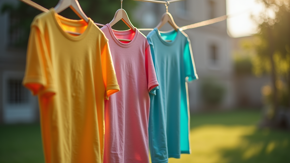 Close-up view of a colorful custom printed t-shirt hanging on a clothesline