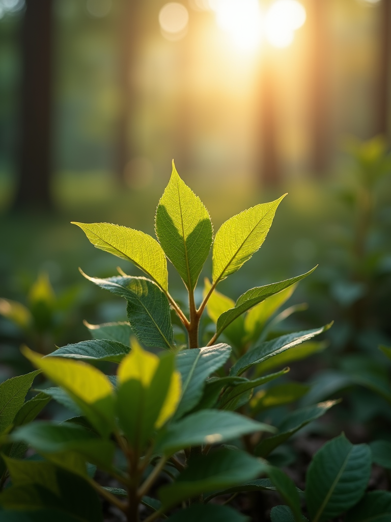 Soft morning sunlight filtering through the delicate leaves of a tranquil forest during a quiet dawn