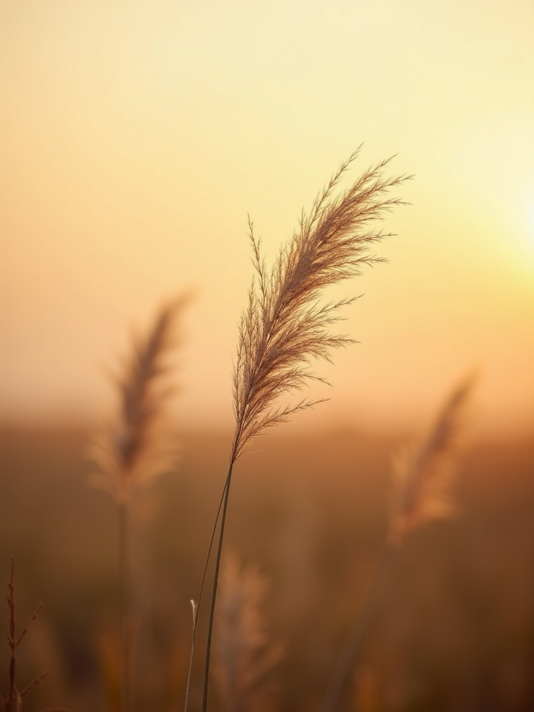 Delicate pampas grass swaying elegantly against a soft and dusty lavender dawn sky landscape