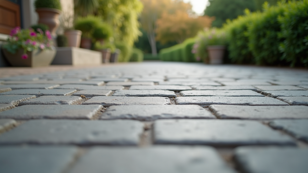 Eye-level view of a stone patio with well-laid pavers and clean joints