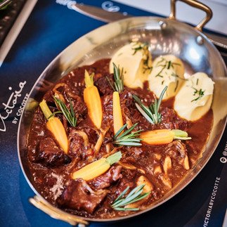Beef Bourguignon in copper pan