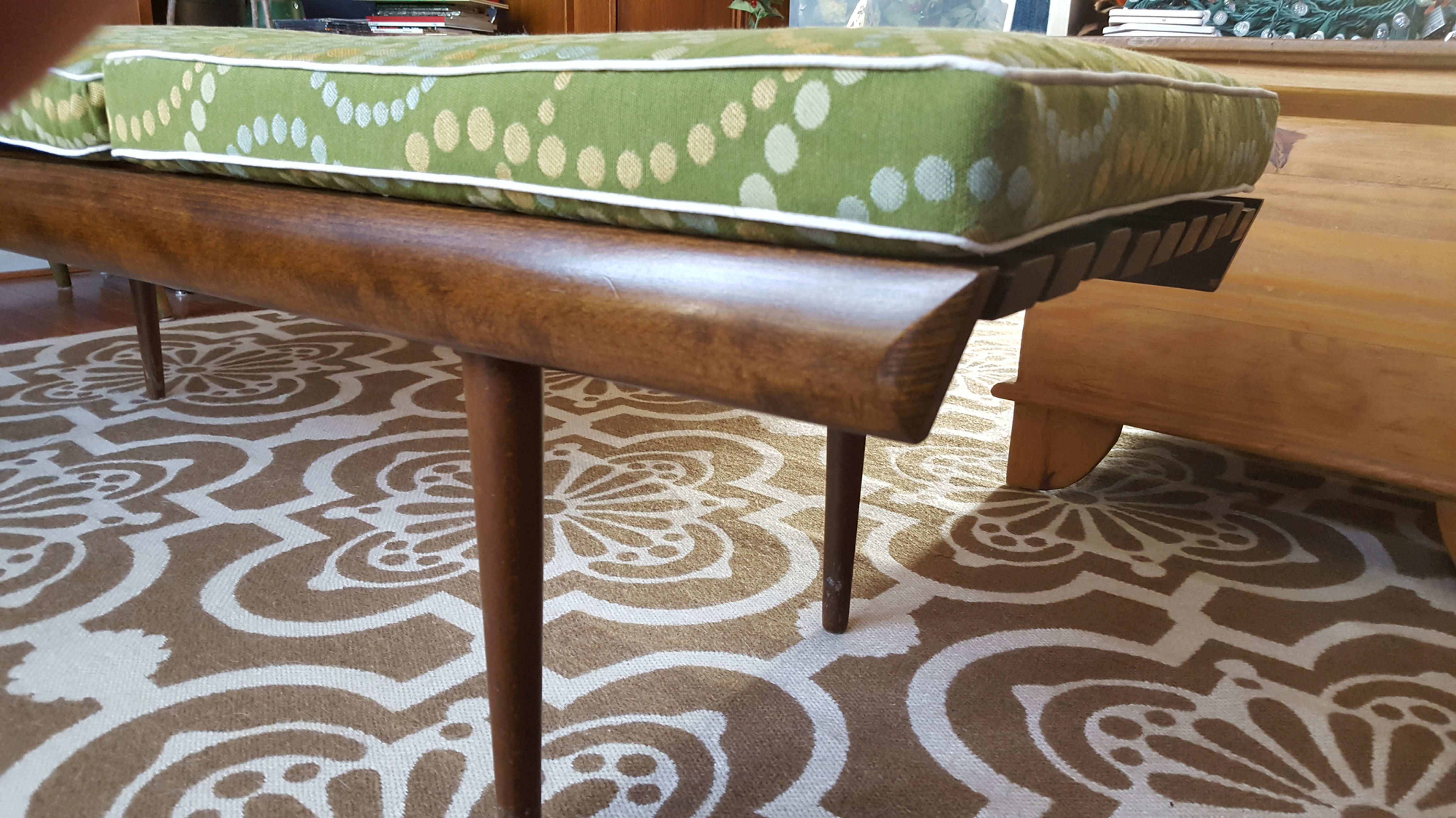 vintage furniture and decor, mid century, slatted, walnut, cushion