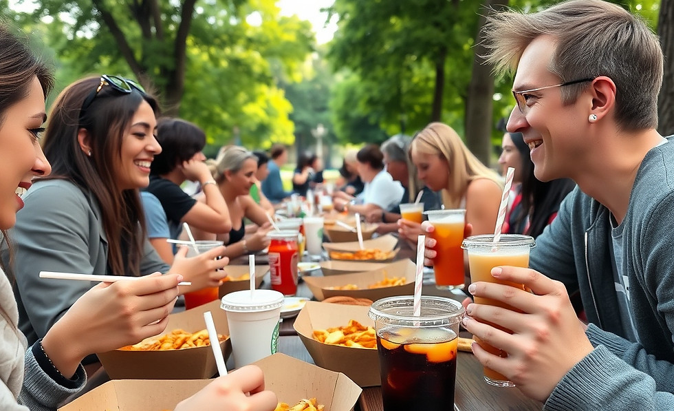 People eating food outside by a park during the day smiling and enjoying dinner and drinks
