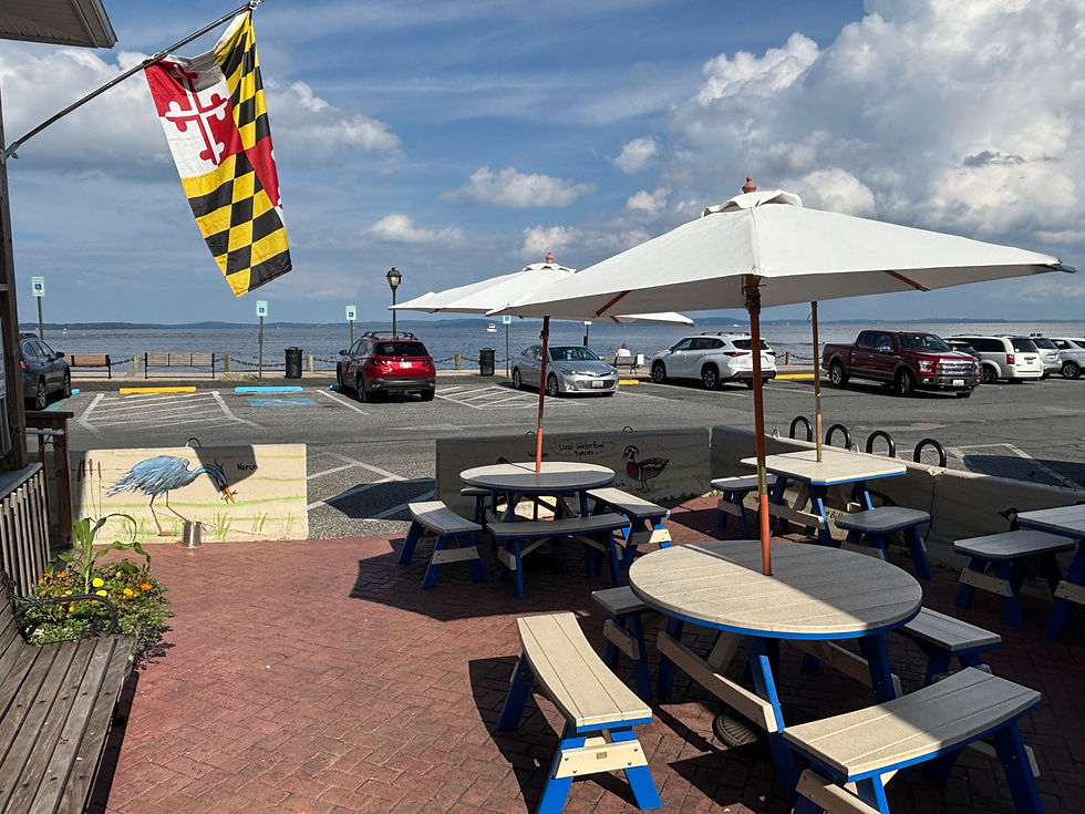 View-from-the -promenade-grille-parking-and-river-with-Maryland-flag-and-picnic-tables-for-outdoor-seating