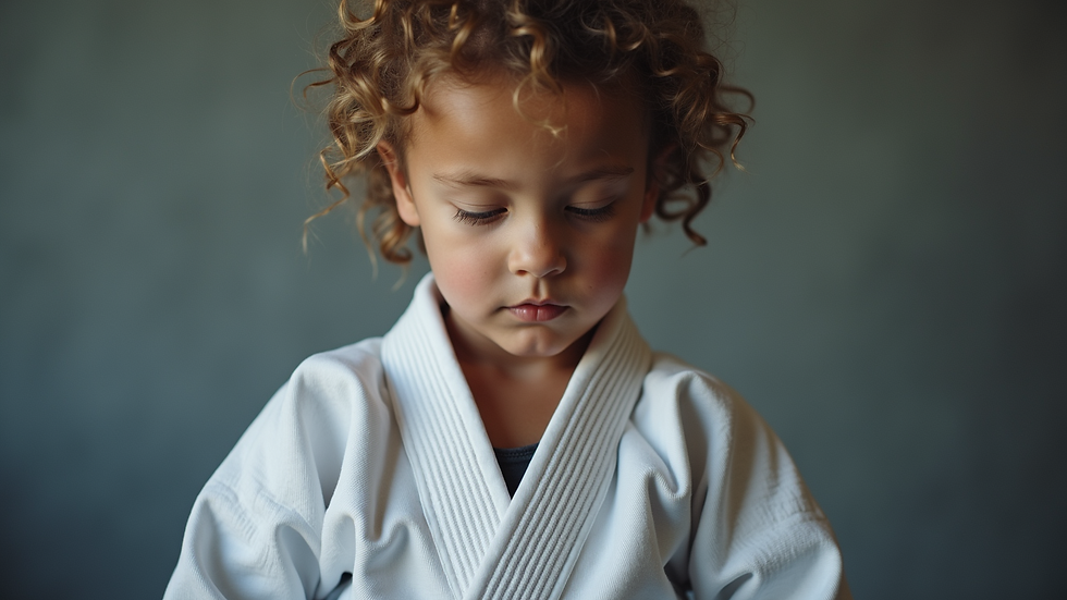 Close-up view of a child tying a Brazilian Jiu-Jitsu belt