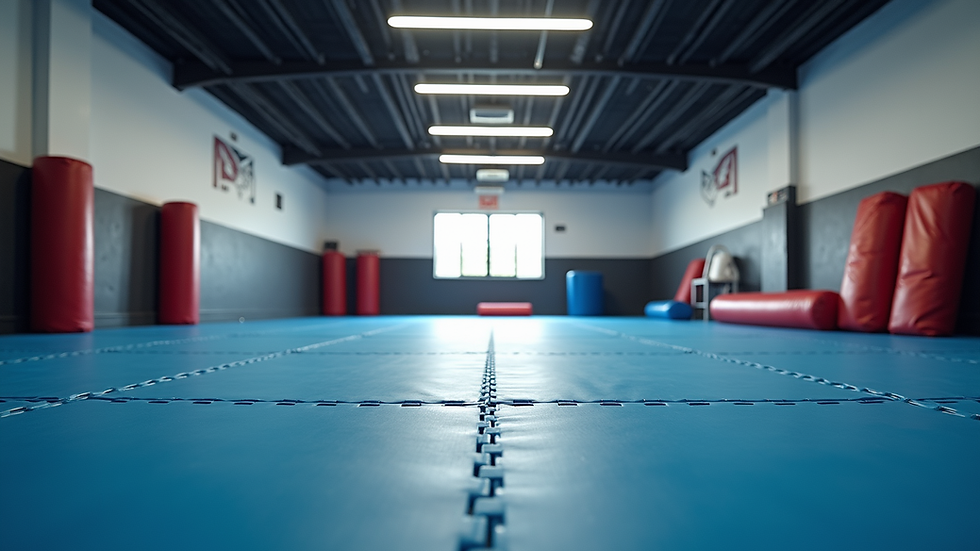 eye-level view of a clean and spacious martial arts gym with mats