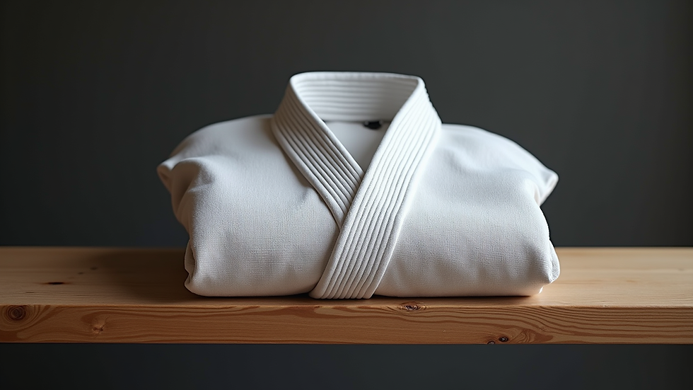 Close-up view of a neatly folded Brazilian Jiu-Jitsu gi on a wooden bench