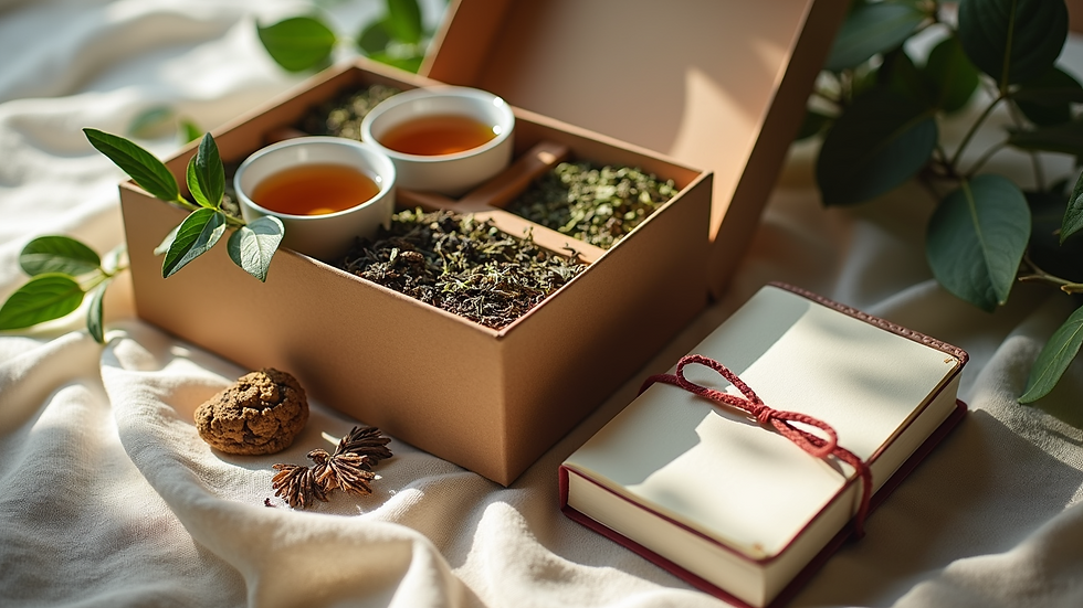 High angle view of a gift box with herbal teas and a journal