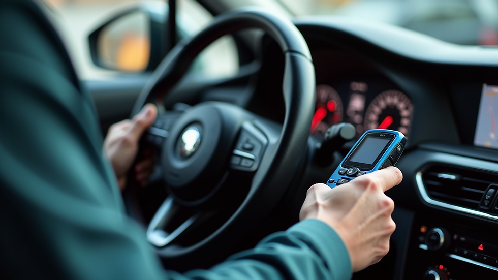 Close-up view of a mechanic's hand holding a diagnostic tool near a car dashboard