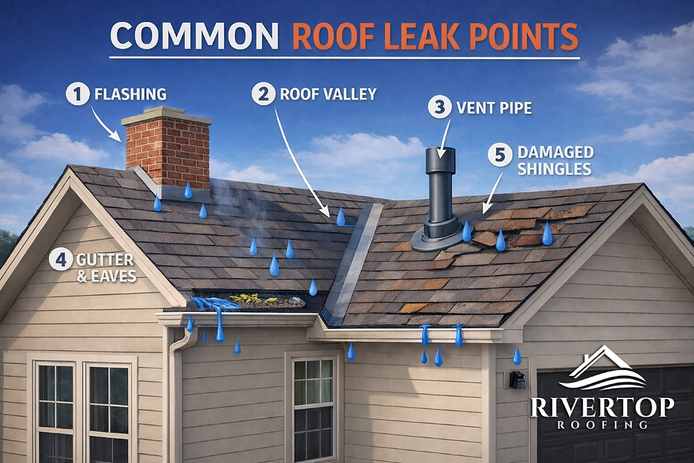 Common leak points on a roof: Flashing, Roof Valley, Vent Pipe, Gutters, and Damaged Shingles